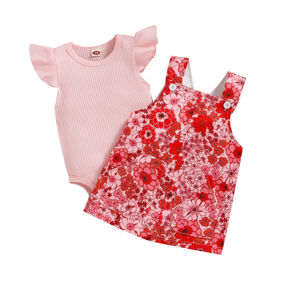 Ribbed Solid Color Fly Sleeve Bodysuit + Floral Print Overalls