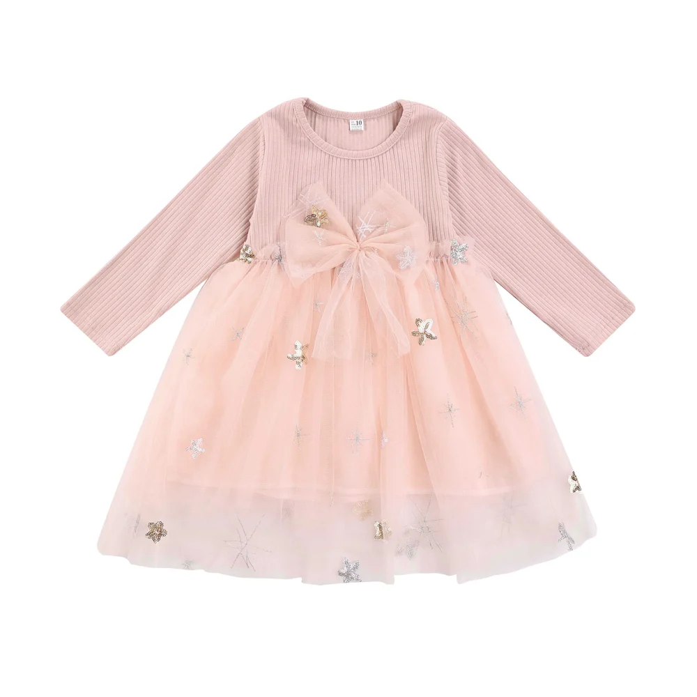 Baby Long Sleeve Dress with Stitching Mesh Bow Waist Costume