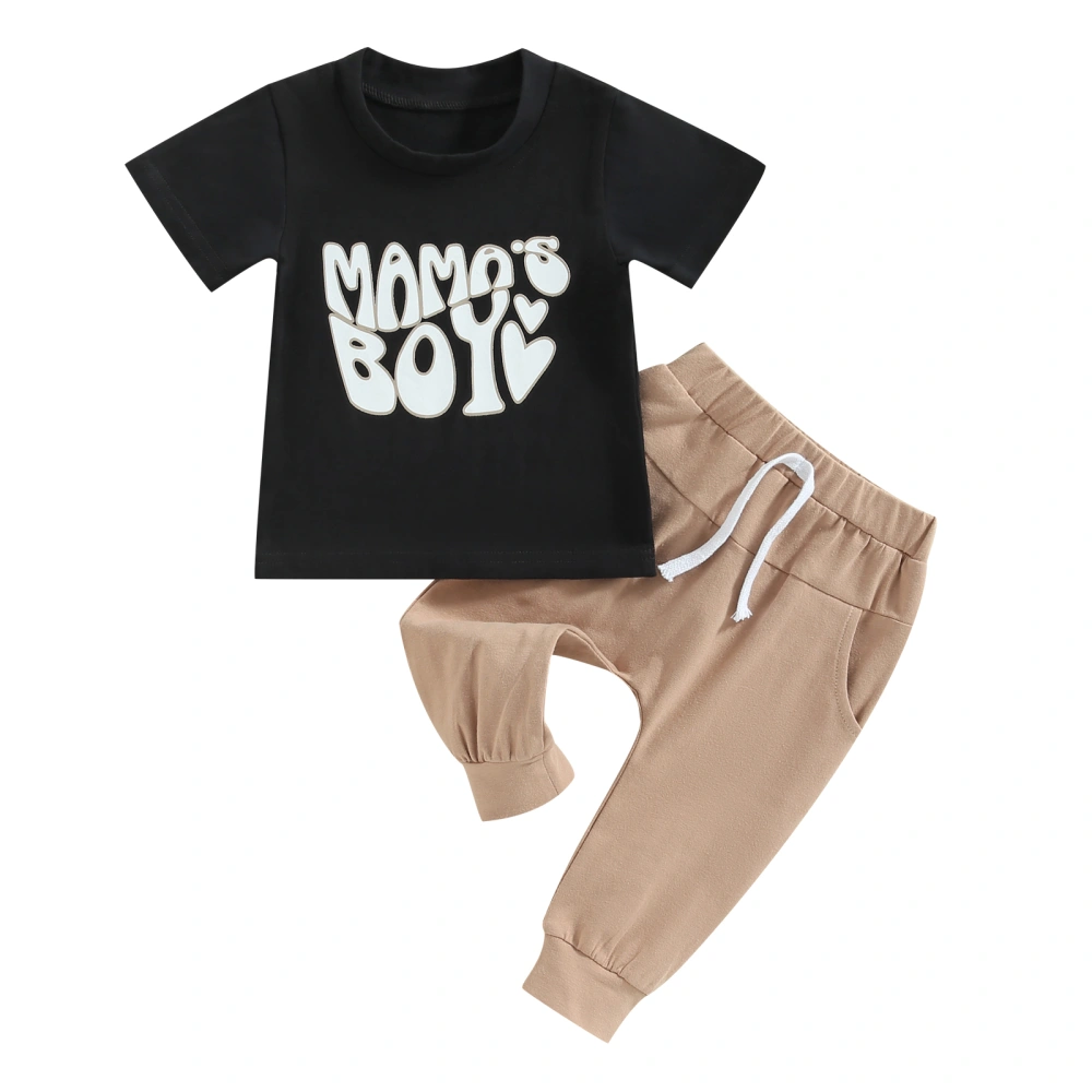 Boys Short Sleeve Letter Print Tops + Solid Color Drawstring Pants