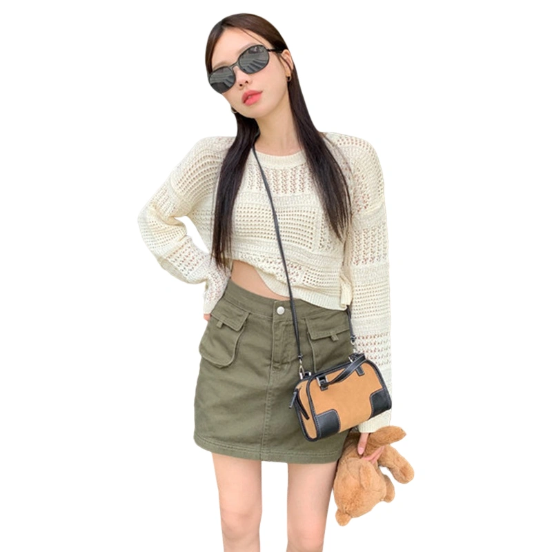 Women Fashion Knitted Crop Tops Solid Color Hollowed-Out Knitwear