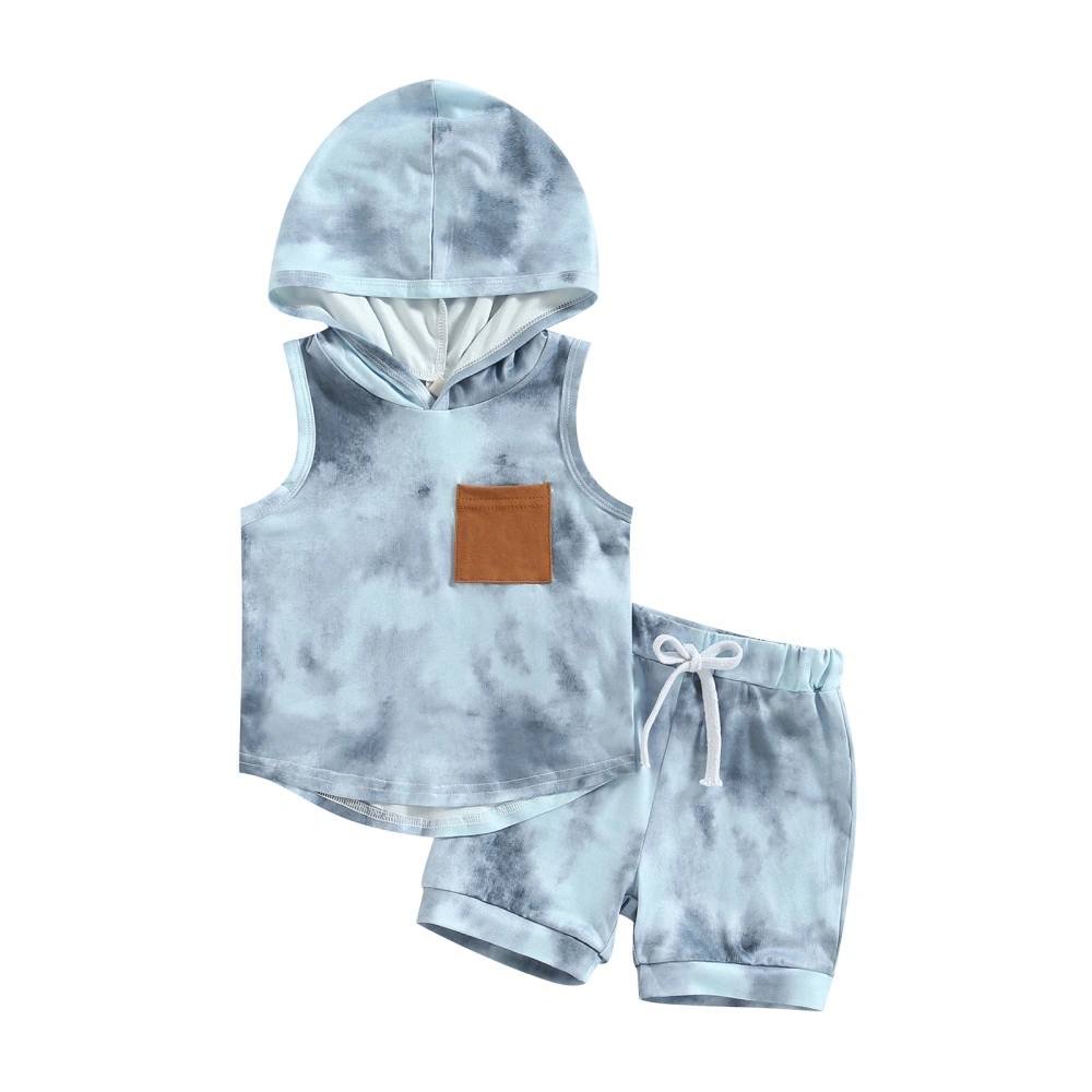 Kids Boys Sleeveless Hooded Neck Dye Print Tops Drawstring Trousers 