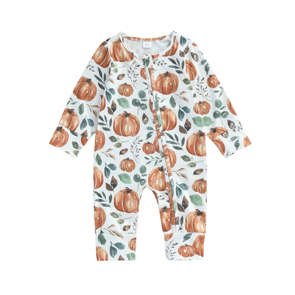 Baby Girls Long Sleeve Leaf Pumpkin Print Oblique Zipper Jumpsuit