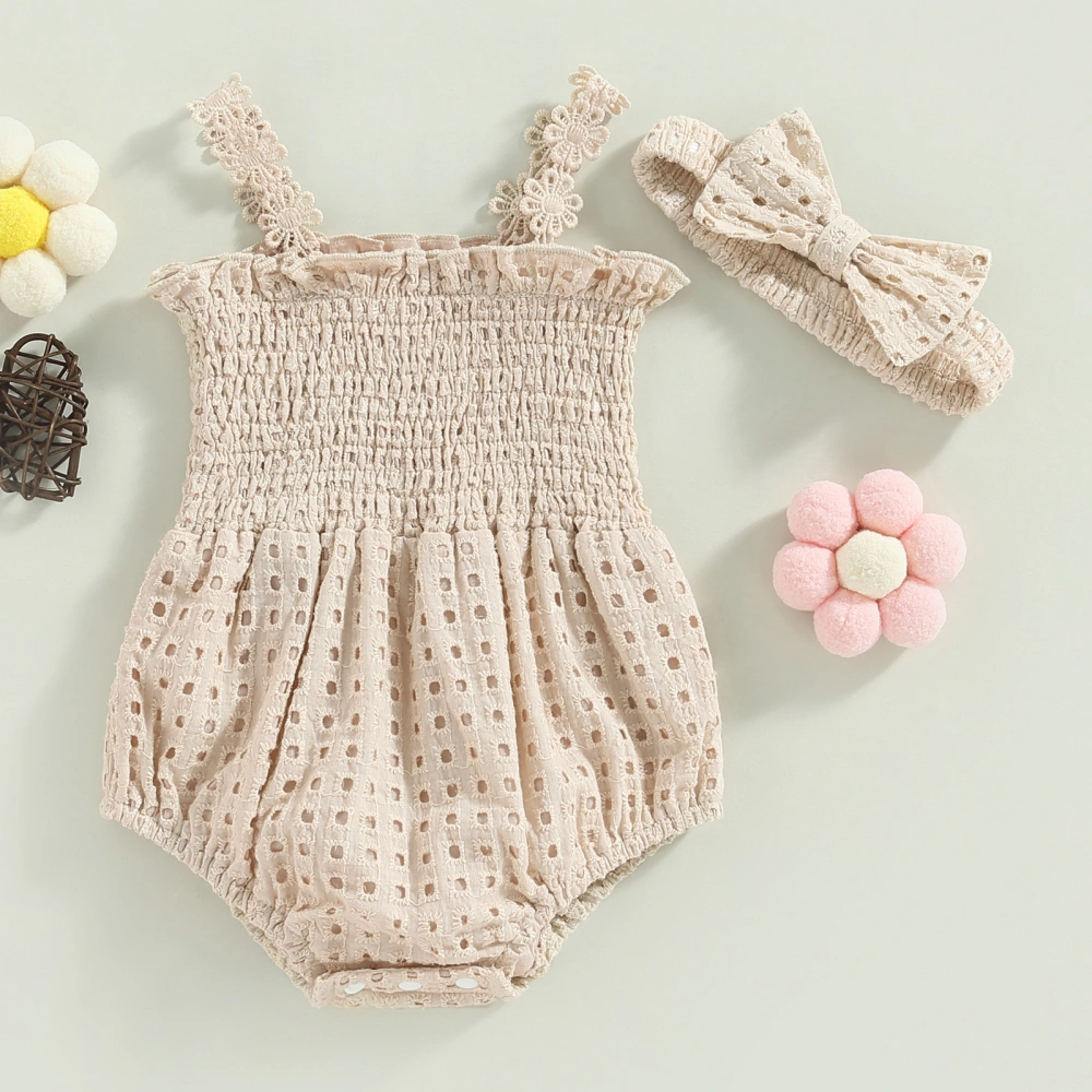 Baby Girls Romper Set, Sleeveless Pleated Hollowed Romper + Hairband