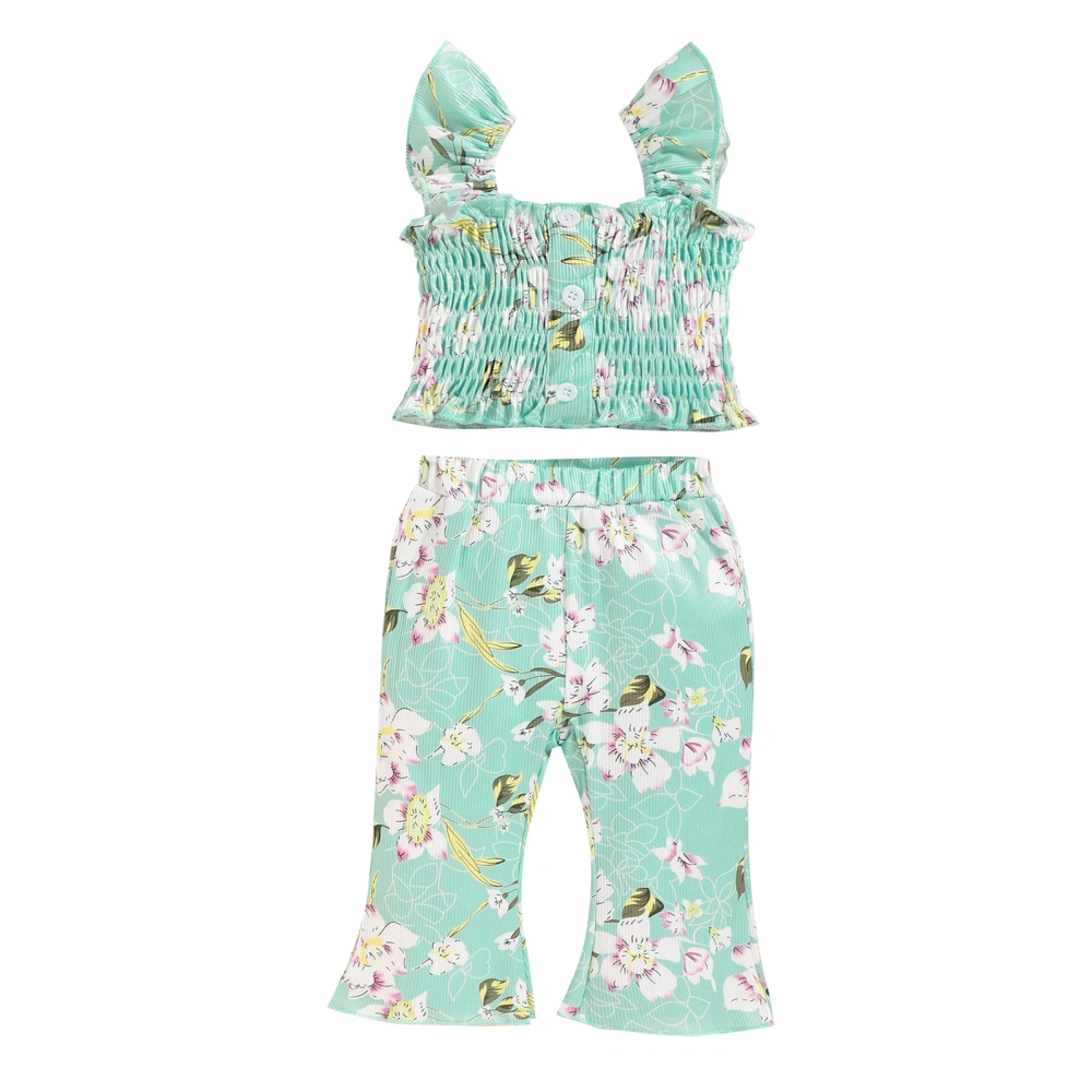 Toddler Girl’s Flower Button Ruffle Camisole and Flared Pants Set