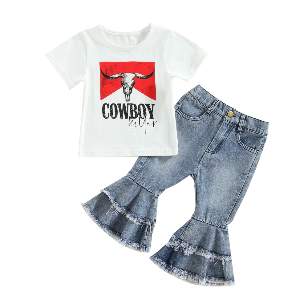 Kids Girls Clothes Set Cow Head Letter Print T-Shirts Denim Pants