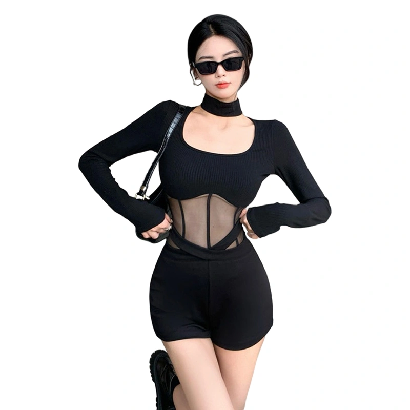 Women Short Solid Color Casual Party Mesh Tops + Collar Suit 