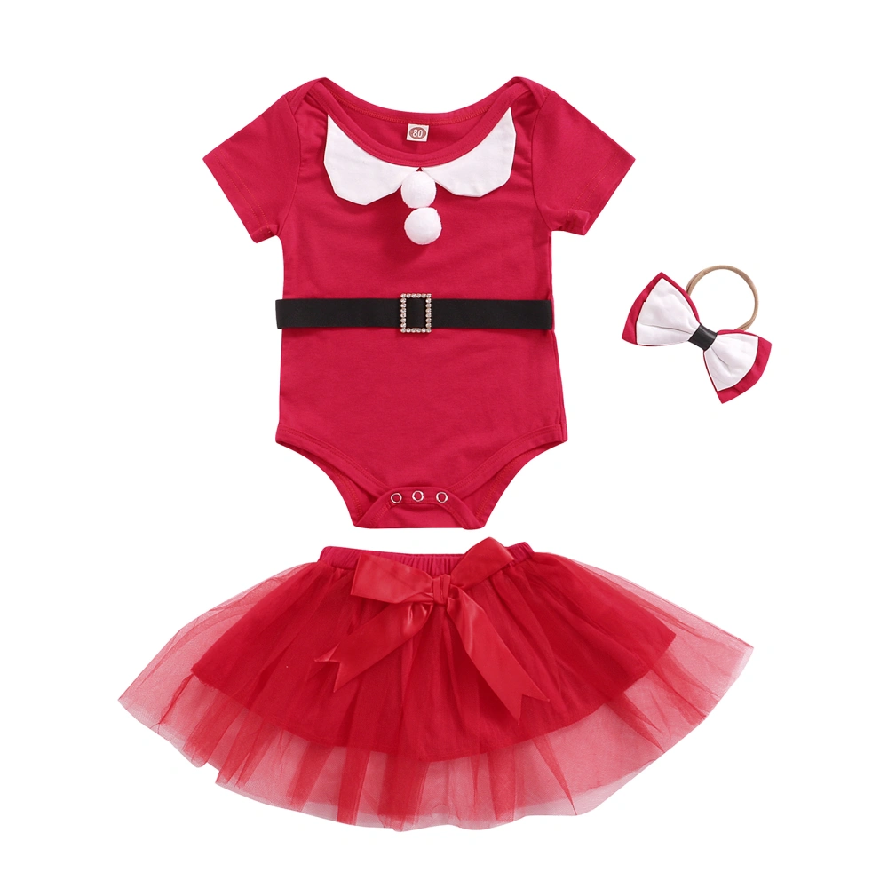 Girl Short Sleeve Romper Tops Christmas Layered Mesh Skirt Headband