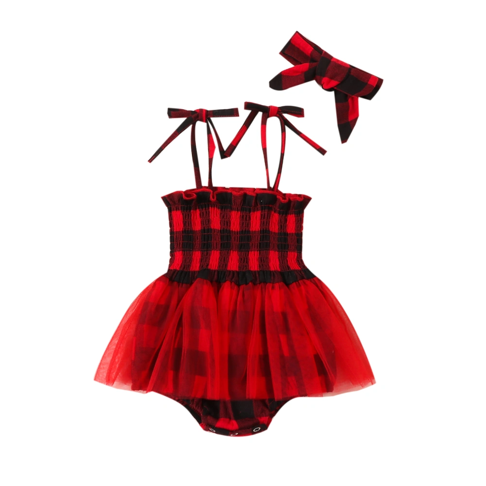 Baby Girls Plaid Print Tulle Patchwork Romper Dress with Bow Headband