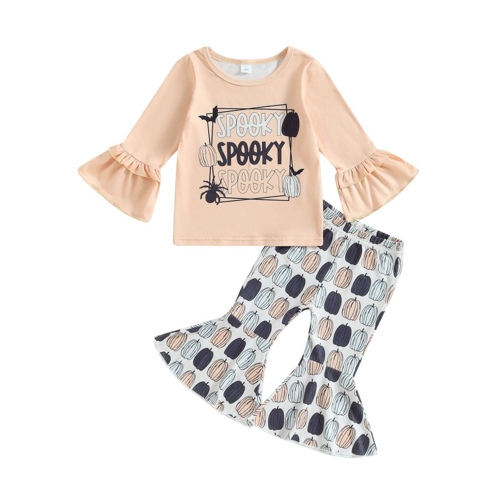 Girl Letter Long Sleeve Crewneck Tops Pumpkin Pattern Flare Pants