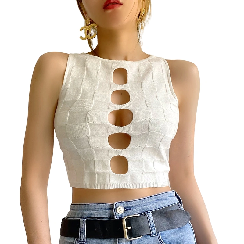 Women Casual Tank Tops, Solid Color Hollow-Out Sleeveless Crop Tops