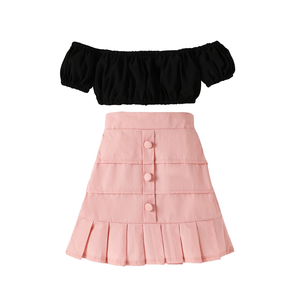 Girls Summer Clothes Solid Color Off-Shoulder Tops Skirts with Belt