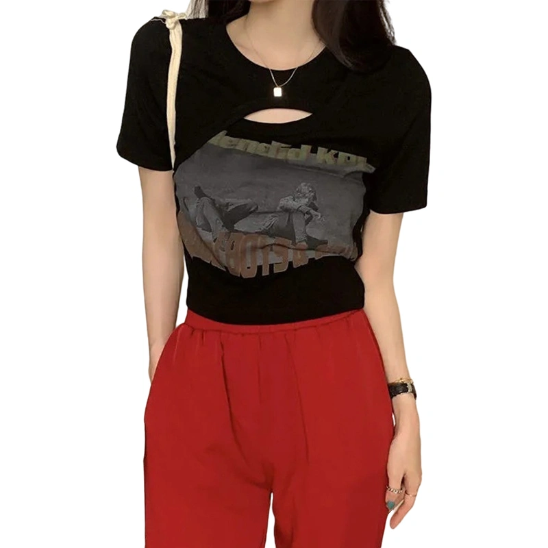 Women Slim Cropped Tops, Short Sleeve Letter Portrait Print T-shirt 