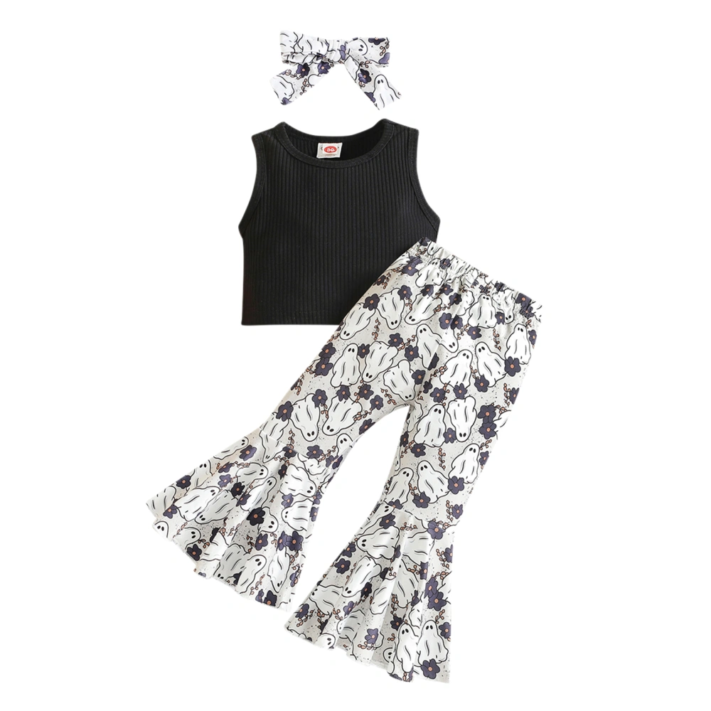 Girl Halloween Solid Vest + Print Flare Pants + Headband 3Pcs Set