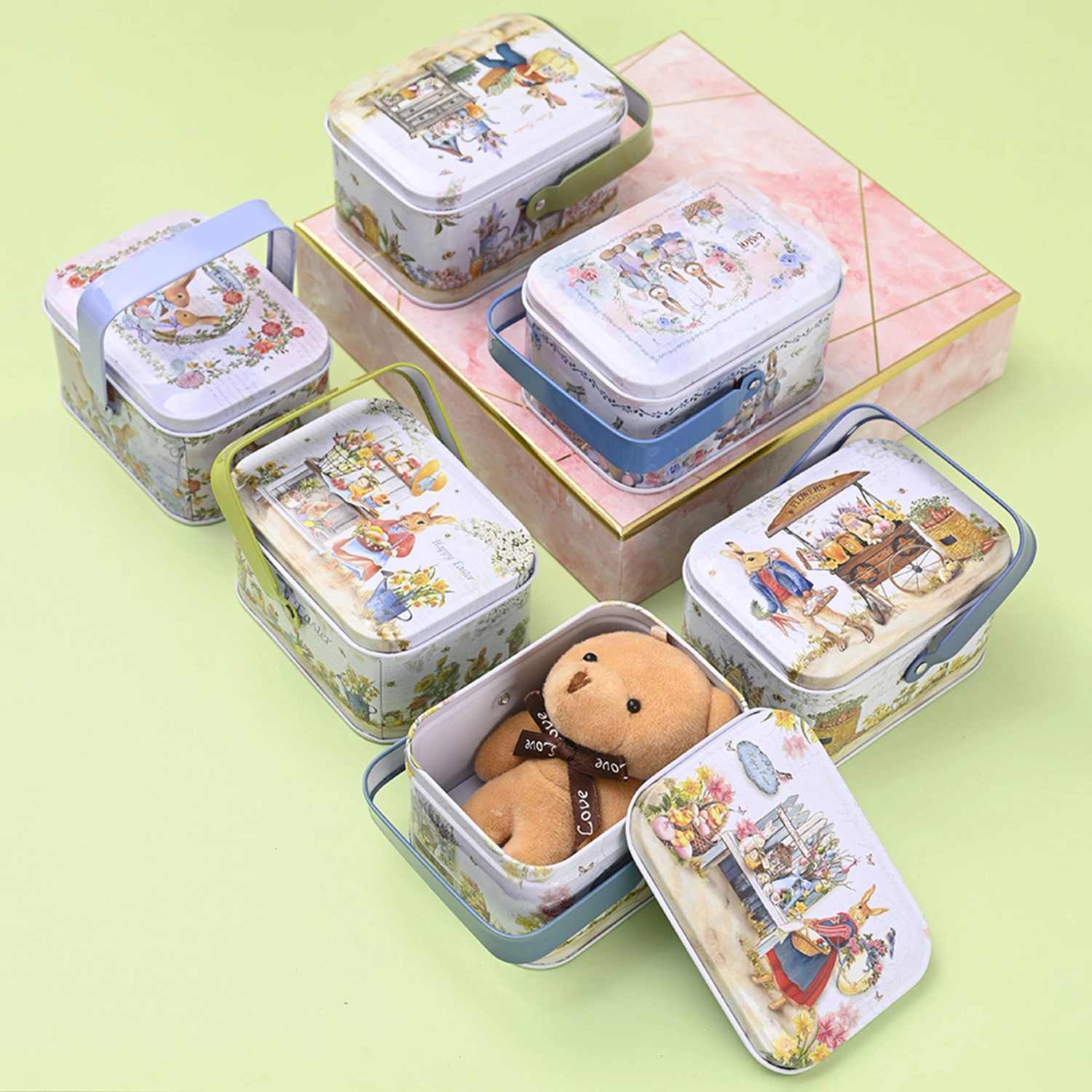 Easter Tinplate Box, Cartoon Rabbit Print Empty Gift Box with Handle