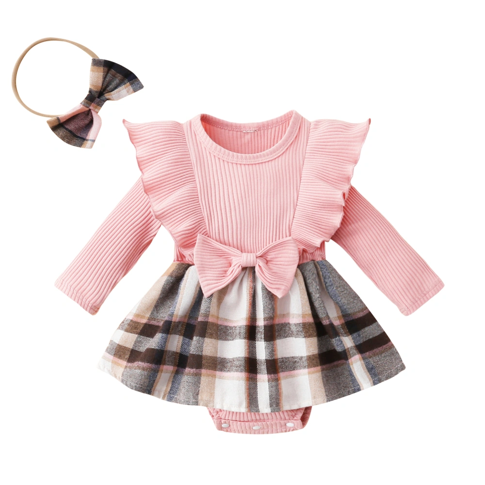 Baby Pink Long Sleeve Plaid Patchwork Romper Dress with Headband