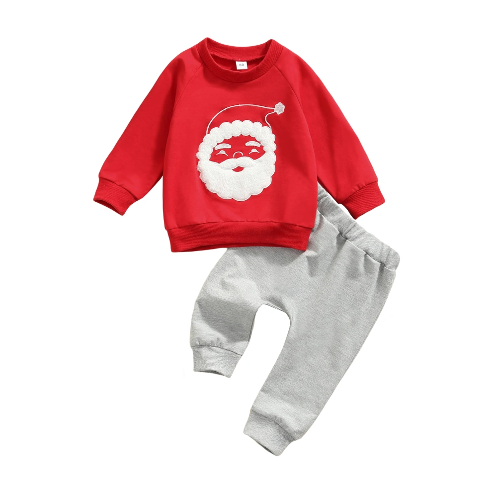 Children’s Santa Claus Embroidery Tops and Solid Color Long Pants Set