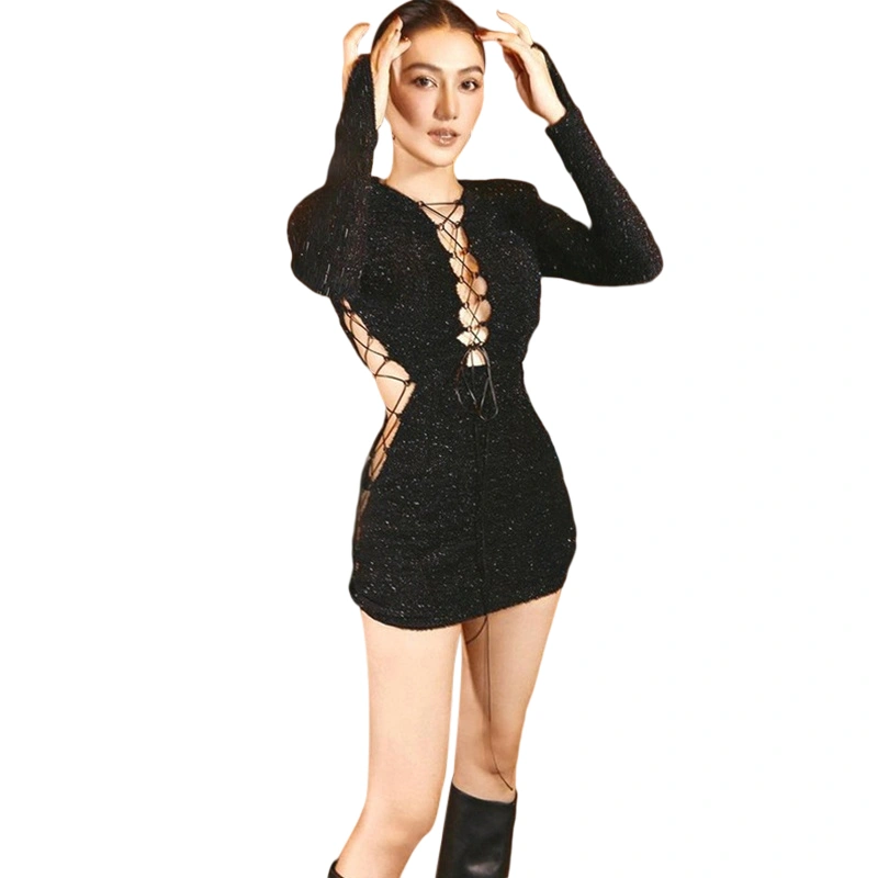 Women Bodycon Dress, Long Sleeve Hollowed Lacing Slim Fit Mini Dress