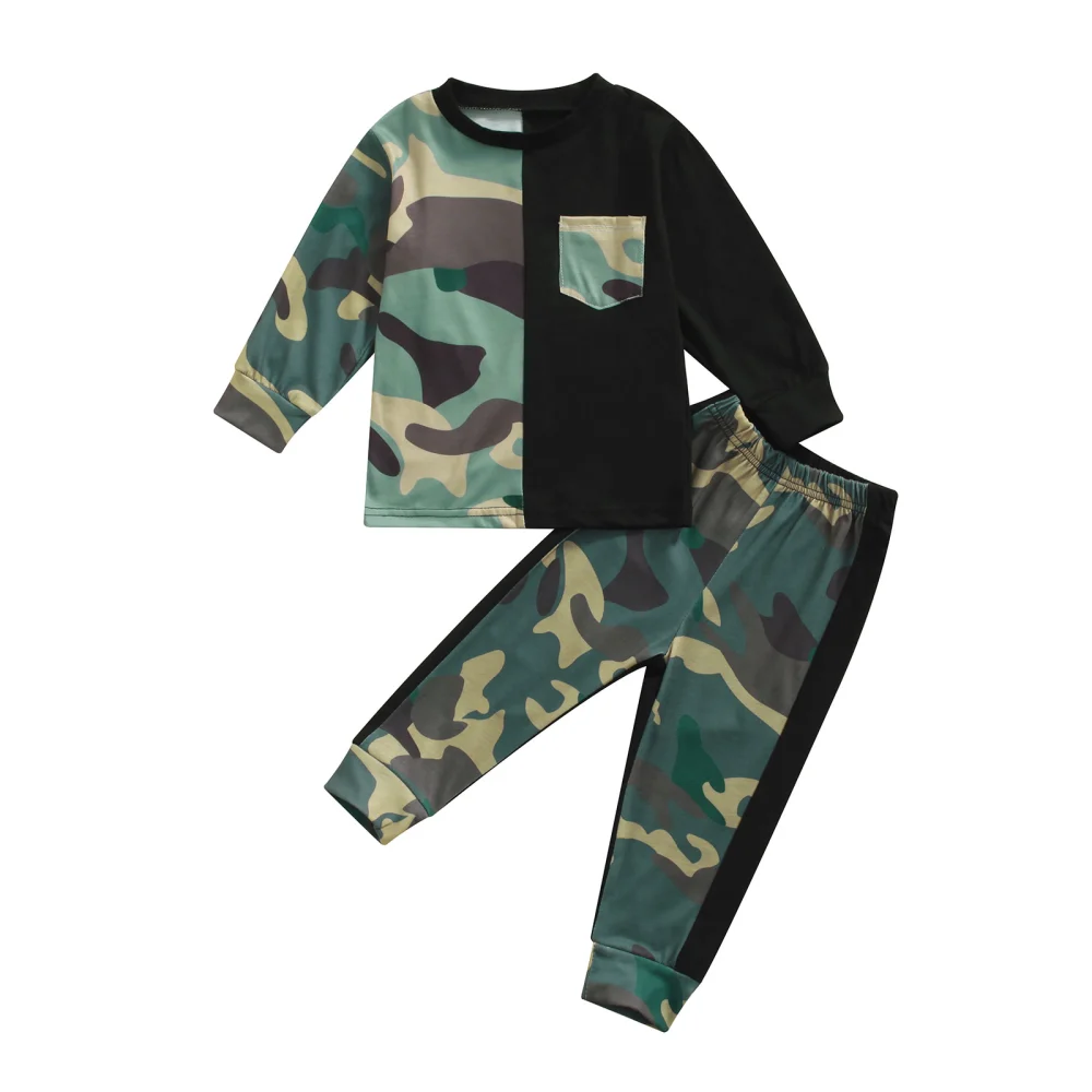 Kids Baby Boys Outfit Camouflage Patchwork Long-sleeved Tops Trousers