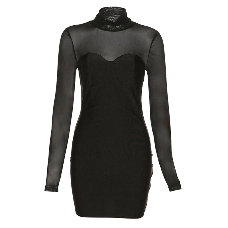 Women Wrapped Long Sleeve Mesh Stand Neck Solid Color Dress 