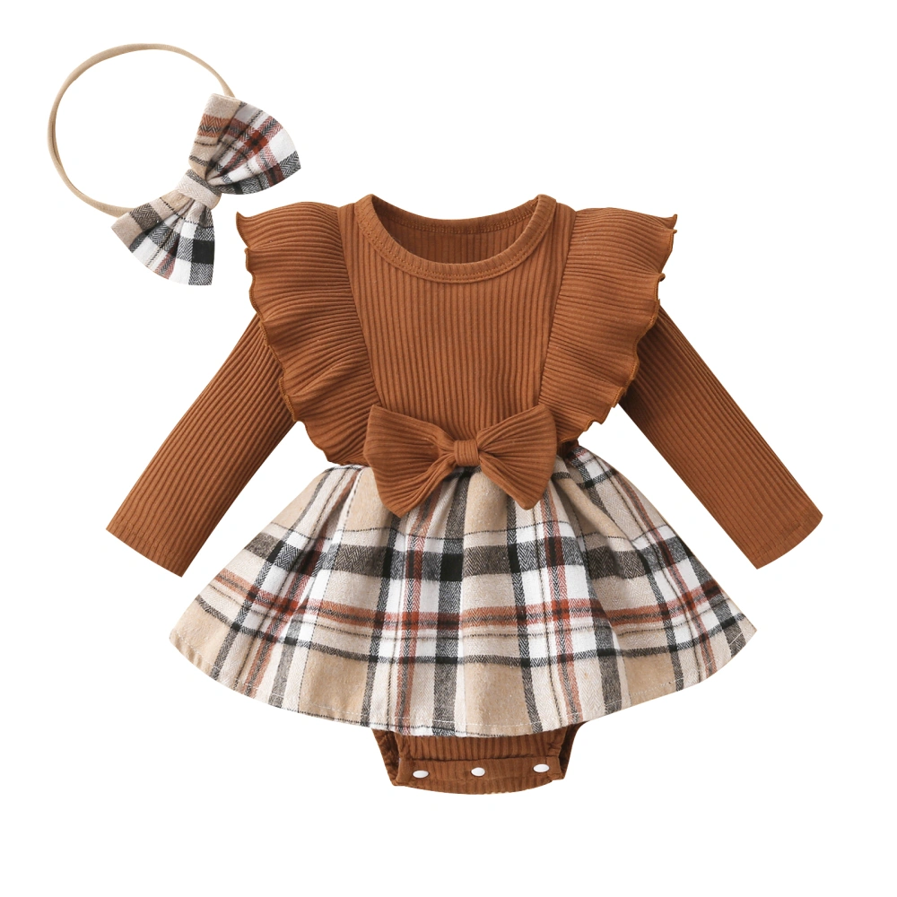 Infant Girl Rompers Dress Plaid Rib Knit Bodysuits with Headband