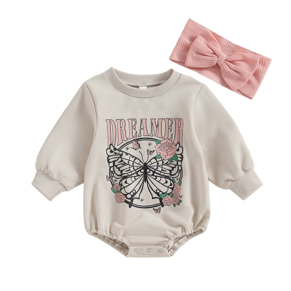 Baby Girls Long Sleeve Letter Butterfly Print Romper with Headband