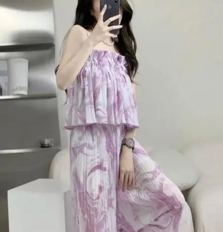 Women Tie-dyed Print Camisole and Drooping Wide-leg Trousers