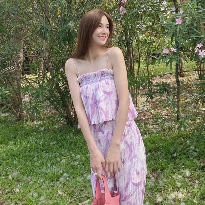 Women Tie-dyed Print Camisole and Drooping Wide-leg Trousers