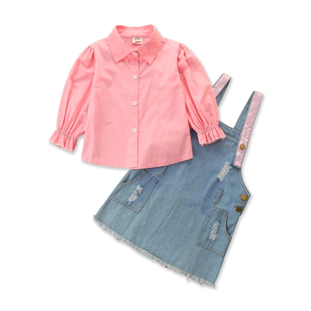 Girls Two Pieces Clothes, Long Sleeve Blouse + Denim Suspender Skirt