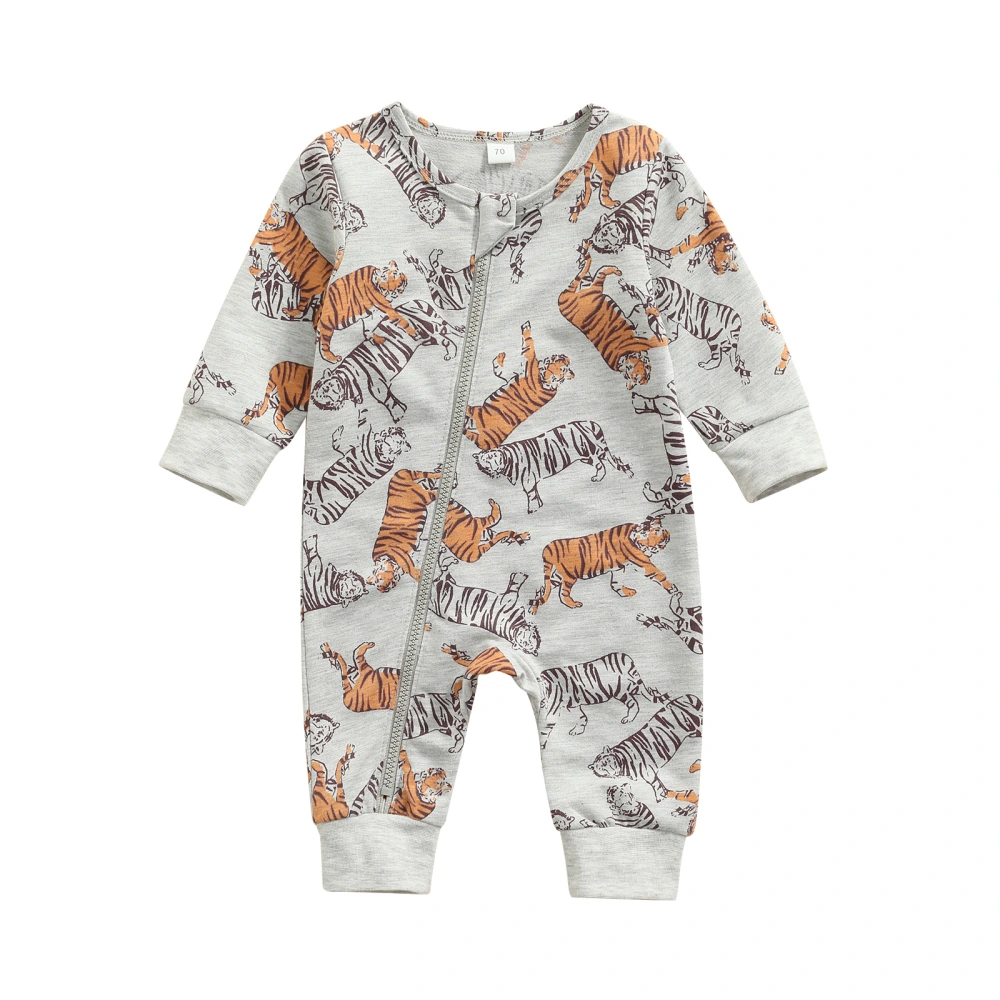 Baby’s Cartoon Tiger Printed Zipper Round Neck Long Sleeve Jumpsuit