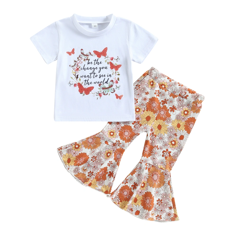 Girls Pants Set, Letters Butterfly Print T-shirt + Floral Flare Pants