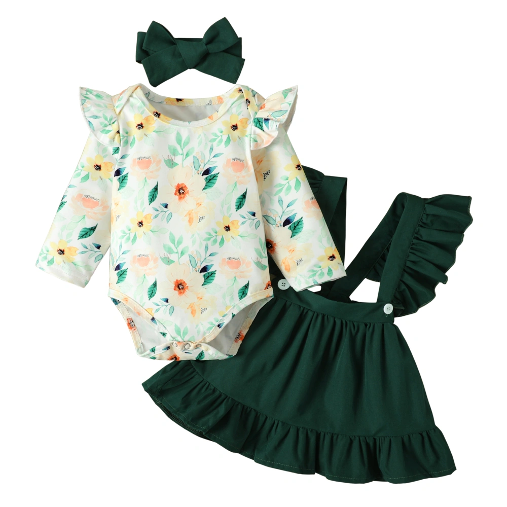 Infant Girls 3 Pieces Outfits, Floral Print Romper + Skirt + Headband