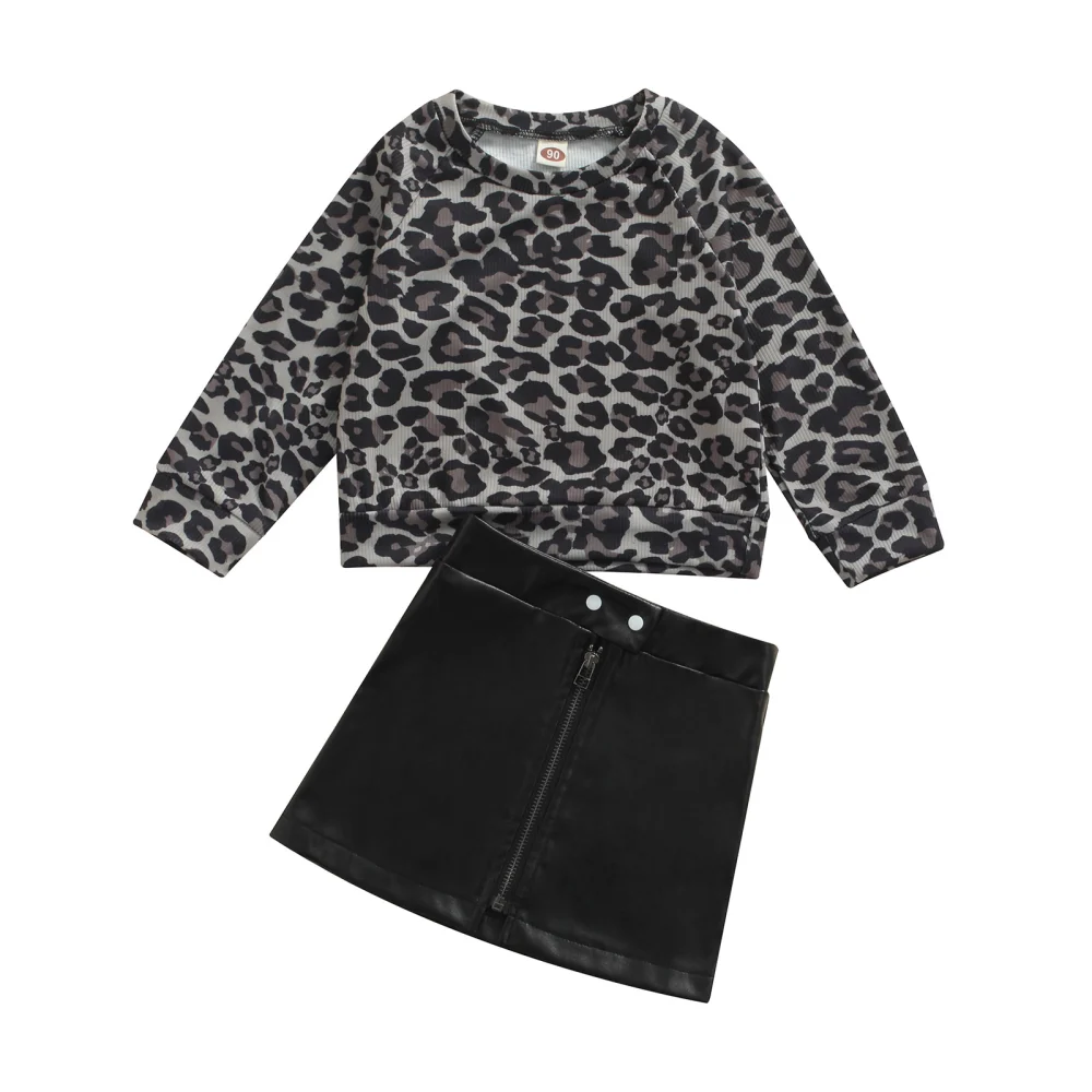 Baby Girl Tops Round Neck Leopard Loose Shirt Leather Zipper Skirt