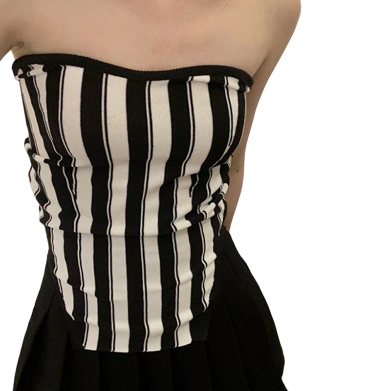 Women Bandeau Off-shoulder Tops Striped Strapless Sleeveless Tops