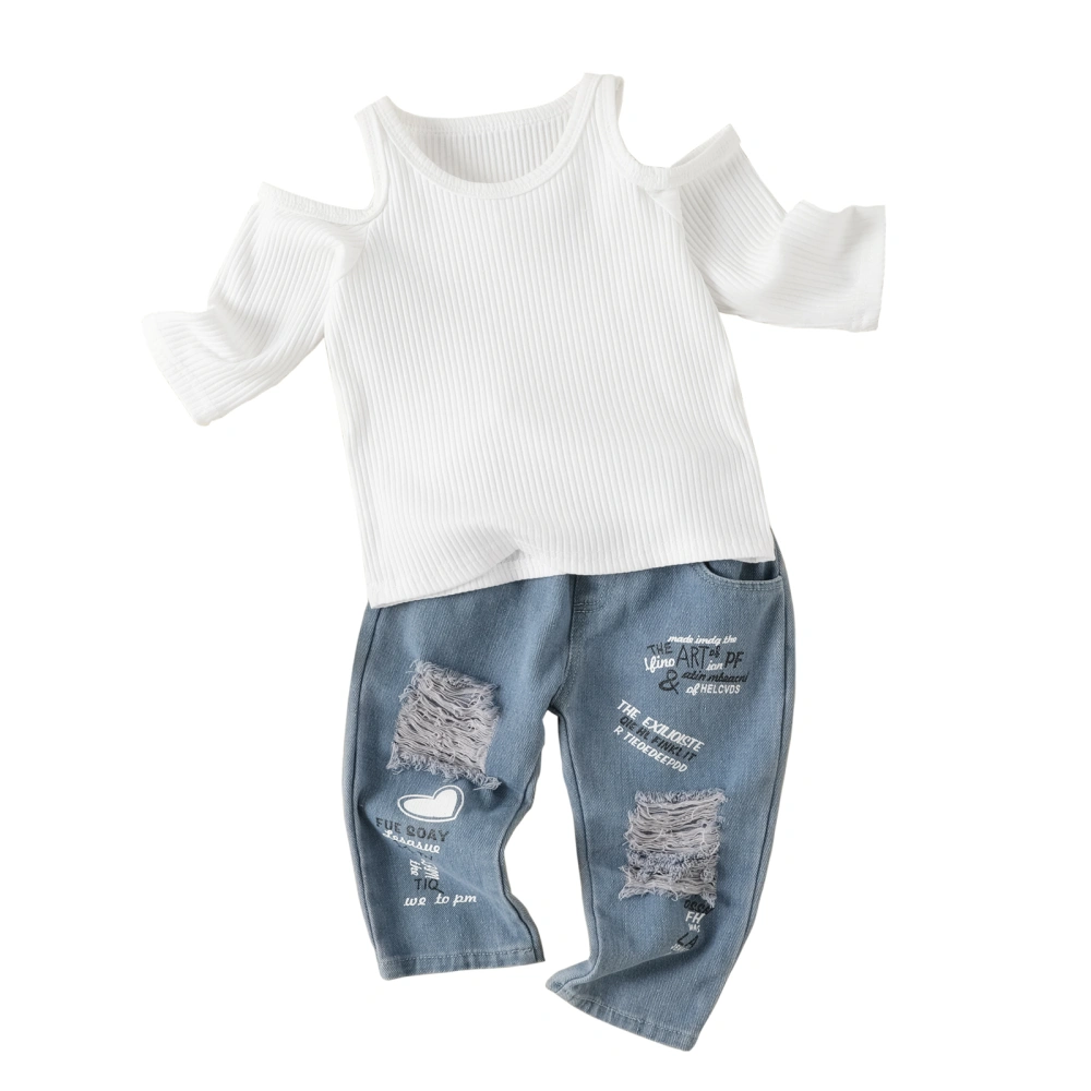 Kids Girl Short Sleeve Tops + Denim Trousers, Letter Heart Clothing