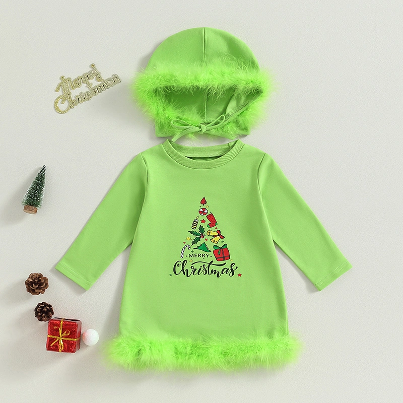 Girls Christmas Green Long Sleeve Letter Gift Box Print Dress with Hat