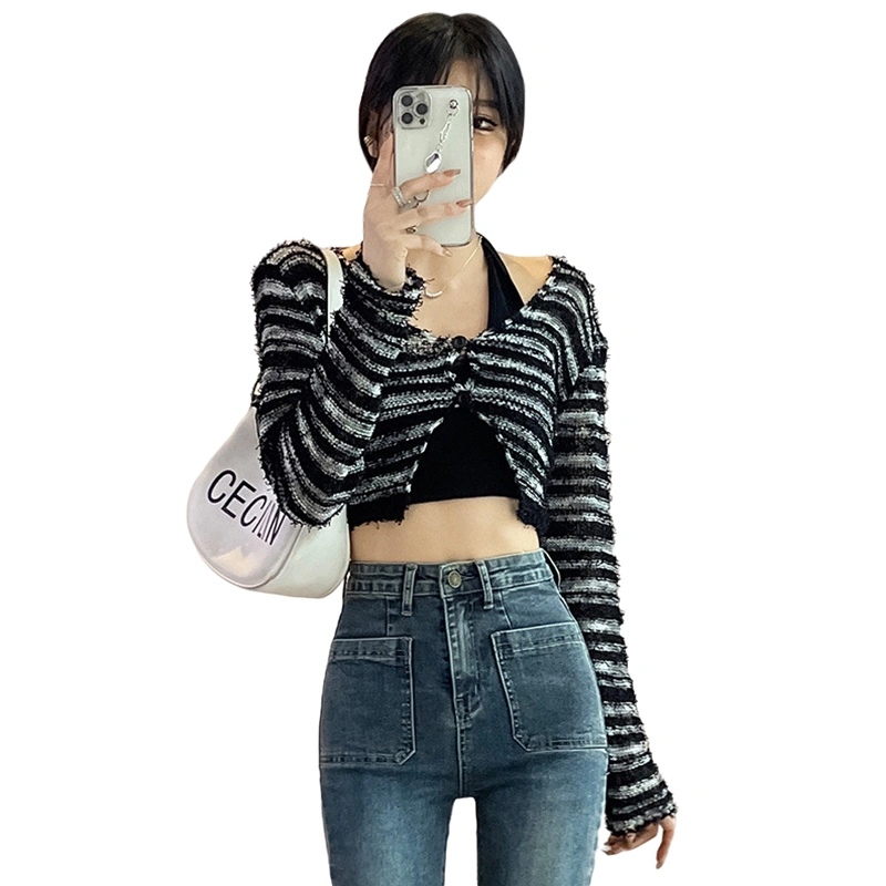 Women's Button Crop Tops, Fuzzy Long Sleeve Striped Print Knit T-Shirt