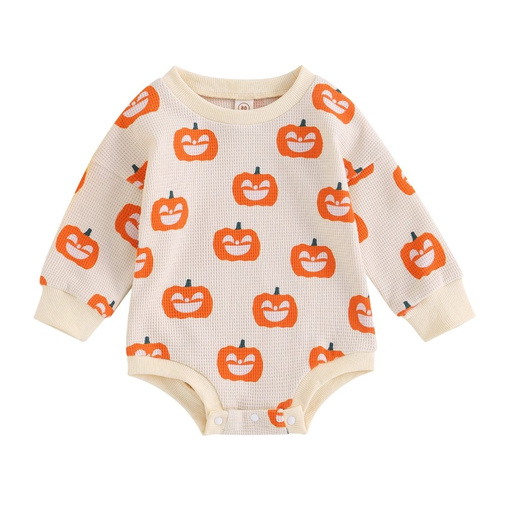 Baby Girls Halloween Beige Long Sleeve Pumpkin Print Romper 