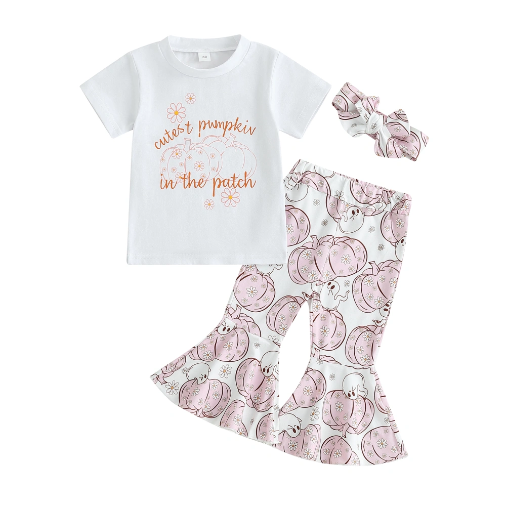 Girls Halloween Pants Set Letters T-shirt Pumpkin Ghost Pants Headband