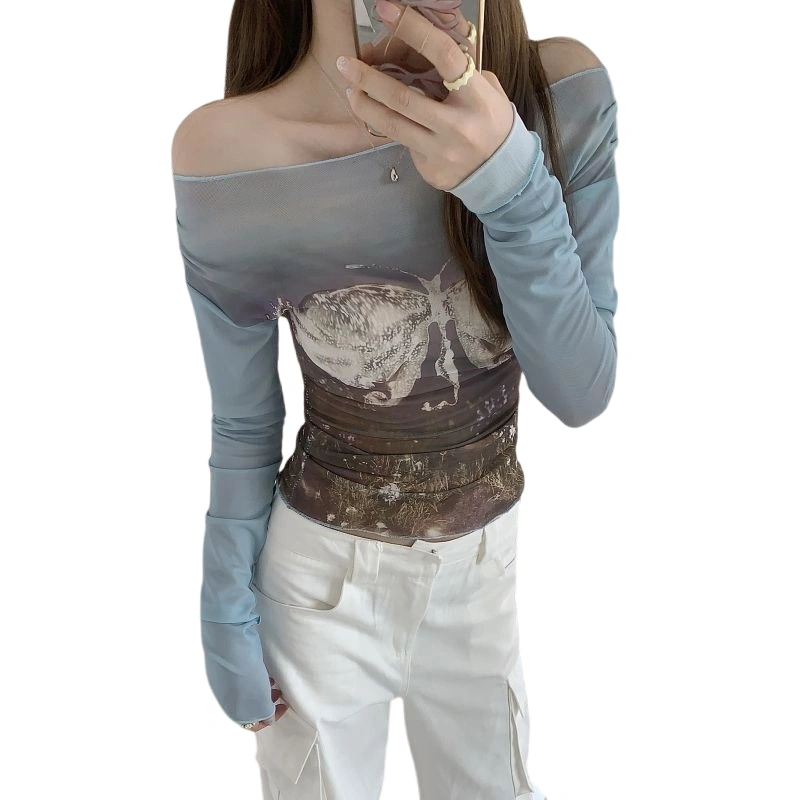 Women's Long Sleeve Off Shoulder Butterfly Print Fitted Going Out Tops