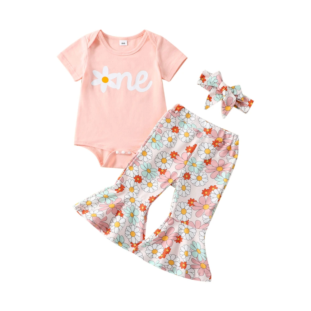 Baby Girls Pants Set, Letters T-shirt/Romper + Flower Pants + Headband