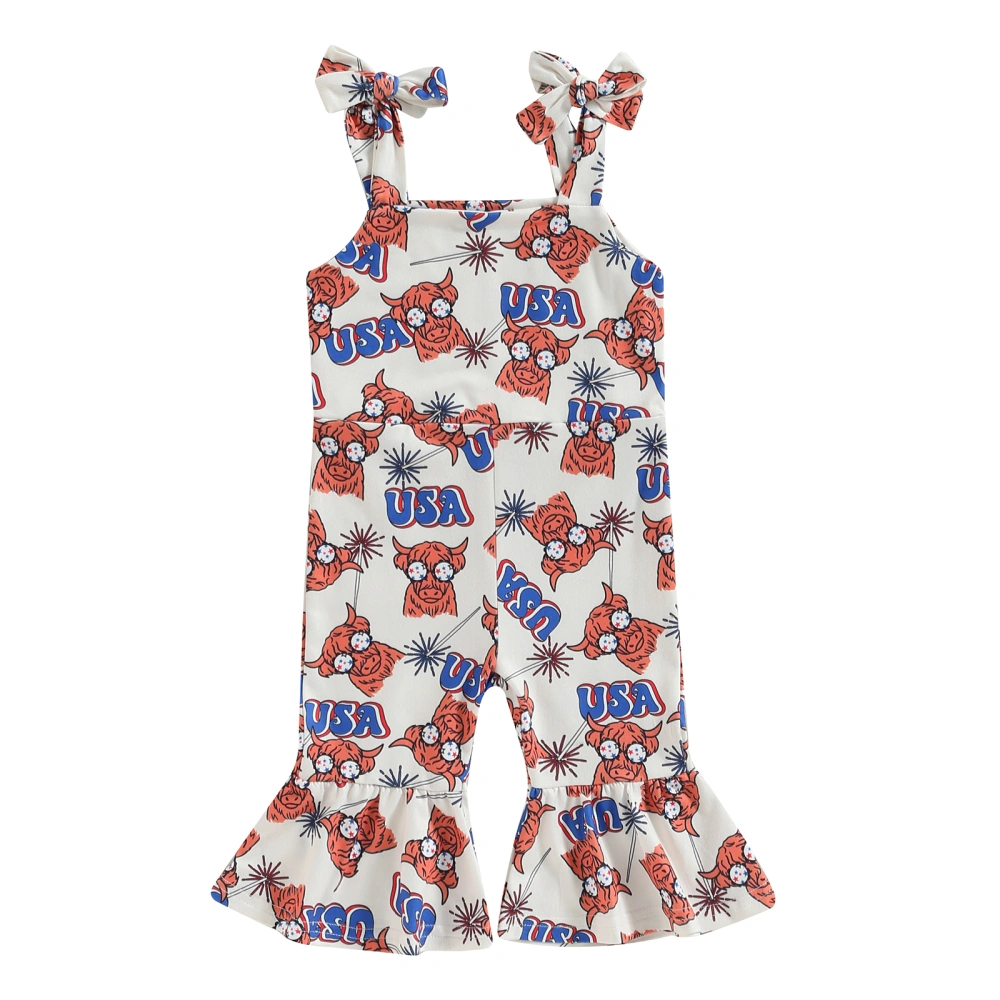 Toddler Girl Fourth of July Jumpsuit, Cow Print Overalls Bell-Bottoms