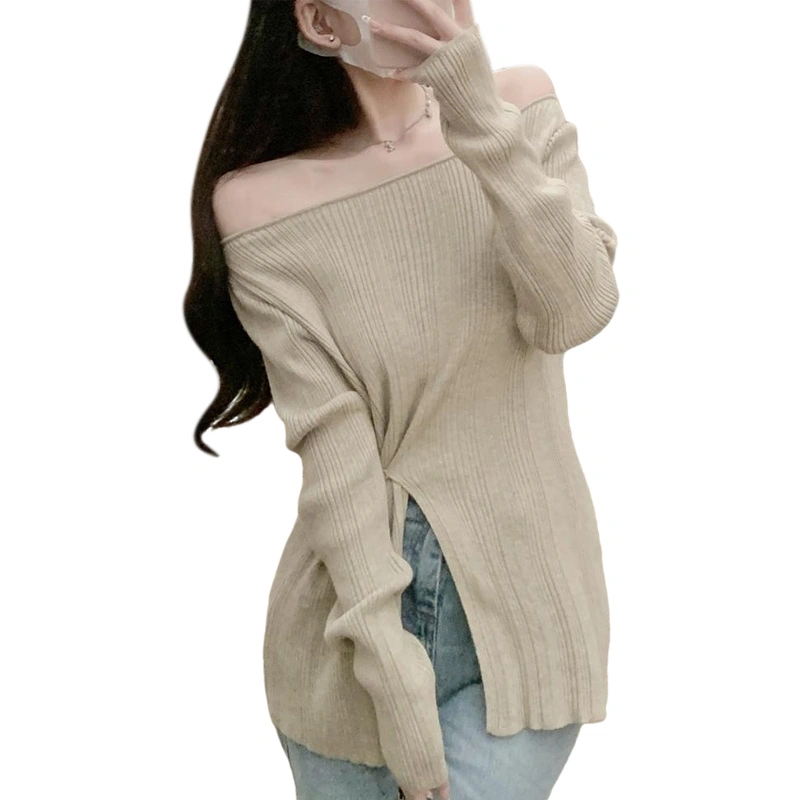 Women Off Shoulder Knit Tops, Long Sleeve Solid Color Ruched T-Shirt