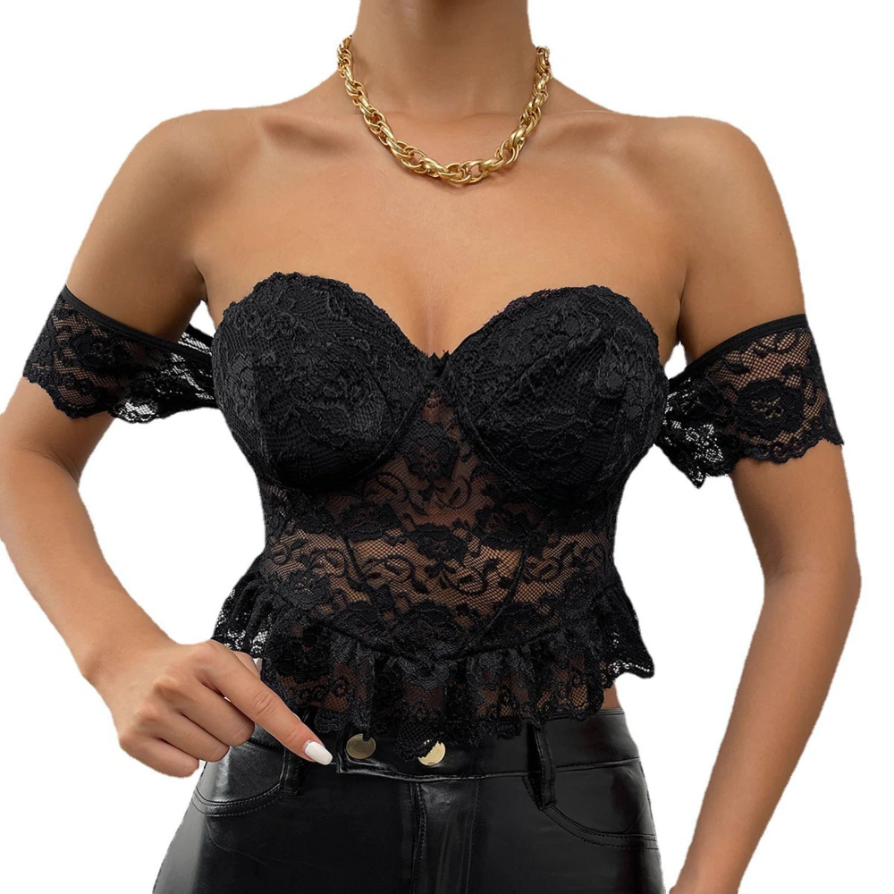 Women's Tank Tops, Off Shoulder Lace See-Through Hollow Out Tops