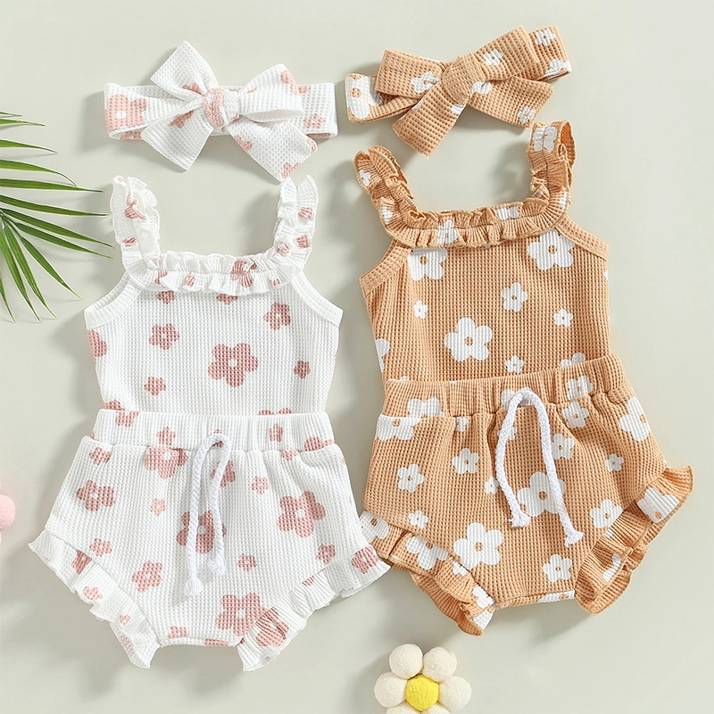 Baby Girls Summer Outfits, Floral Strap Romper + Shorts + Headband Set