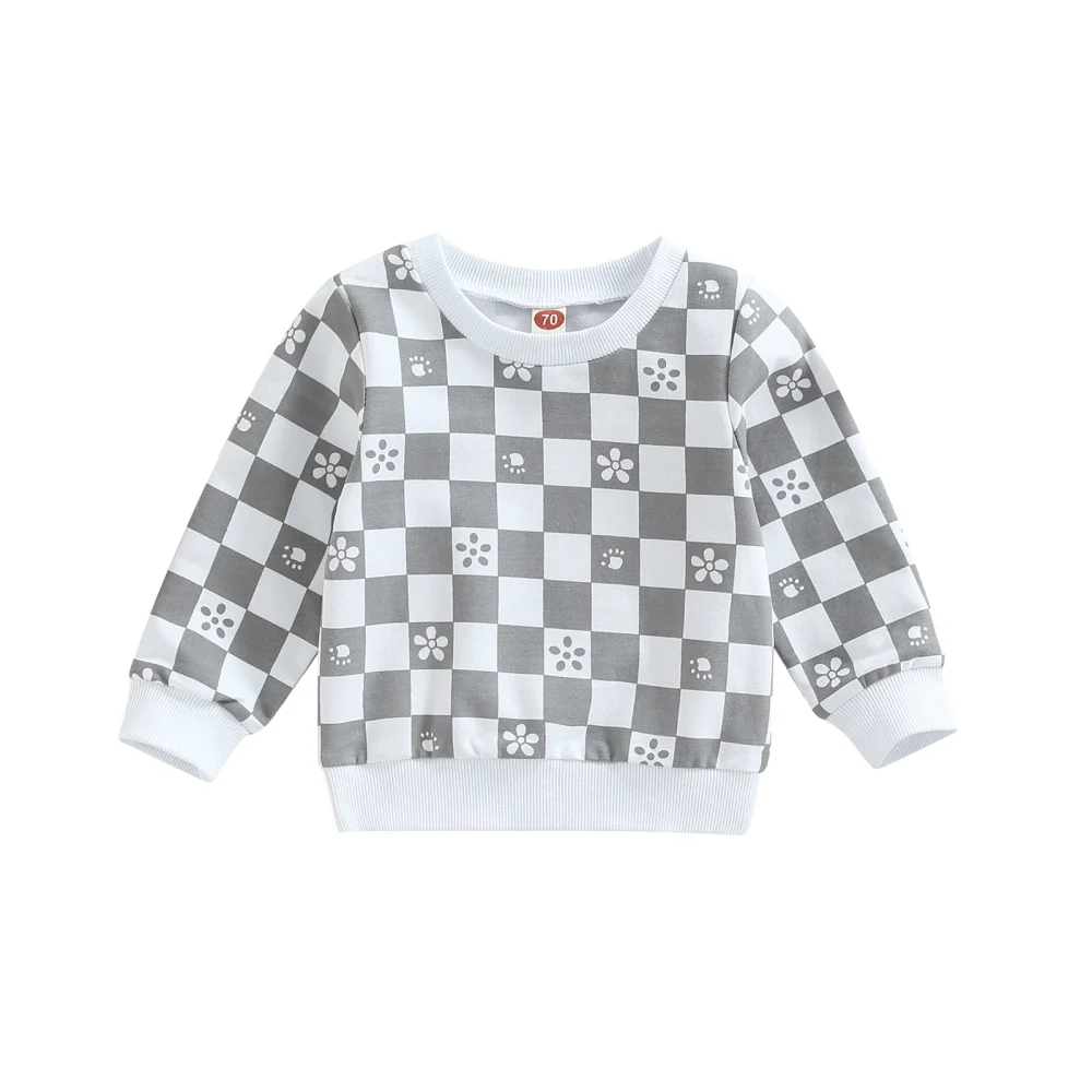 Baby Girl Boy Sweater Floral Checkerboard Pattern Long Sleeves Hoodie