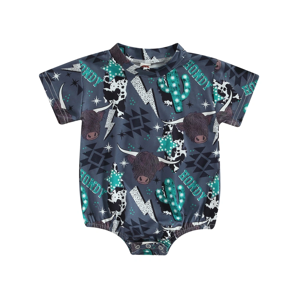 Baby Boy Romper Short Sleeve Bull Print Jumpsuit with Crotch Buttons 