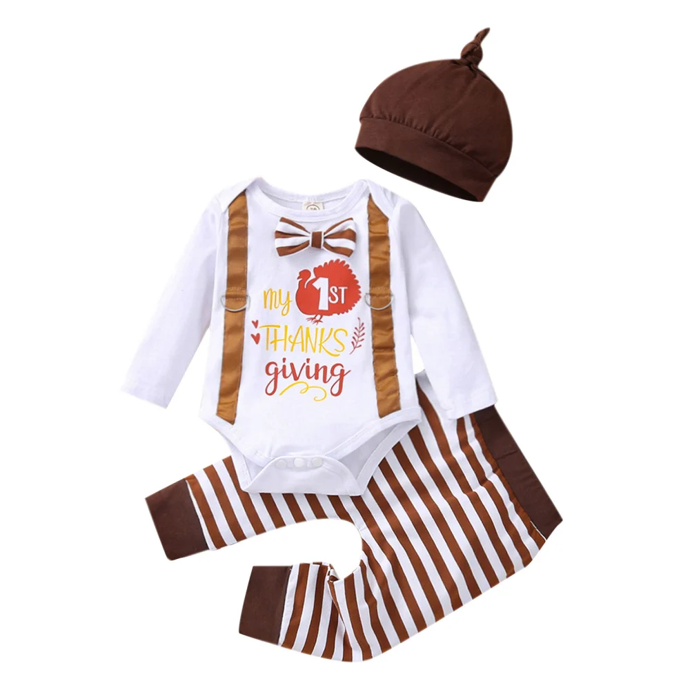 Lovely Baby Stripe Pants Set, Long Sleeve Lettering Romper Pants Hat