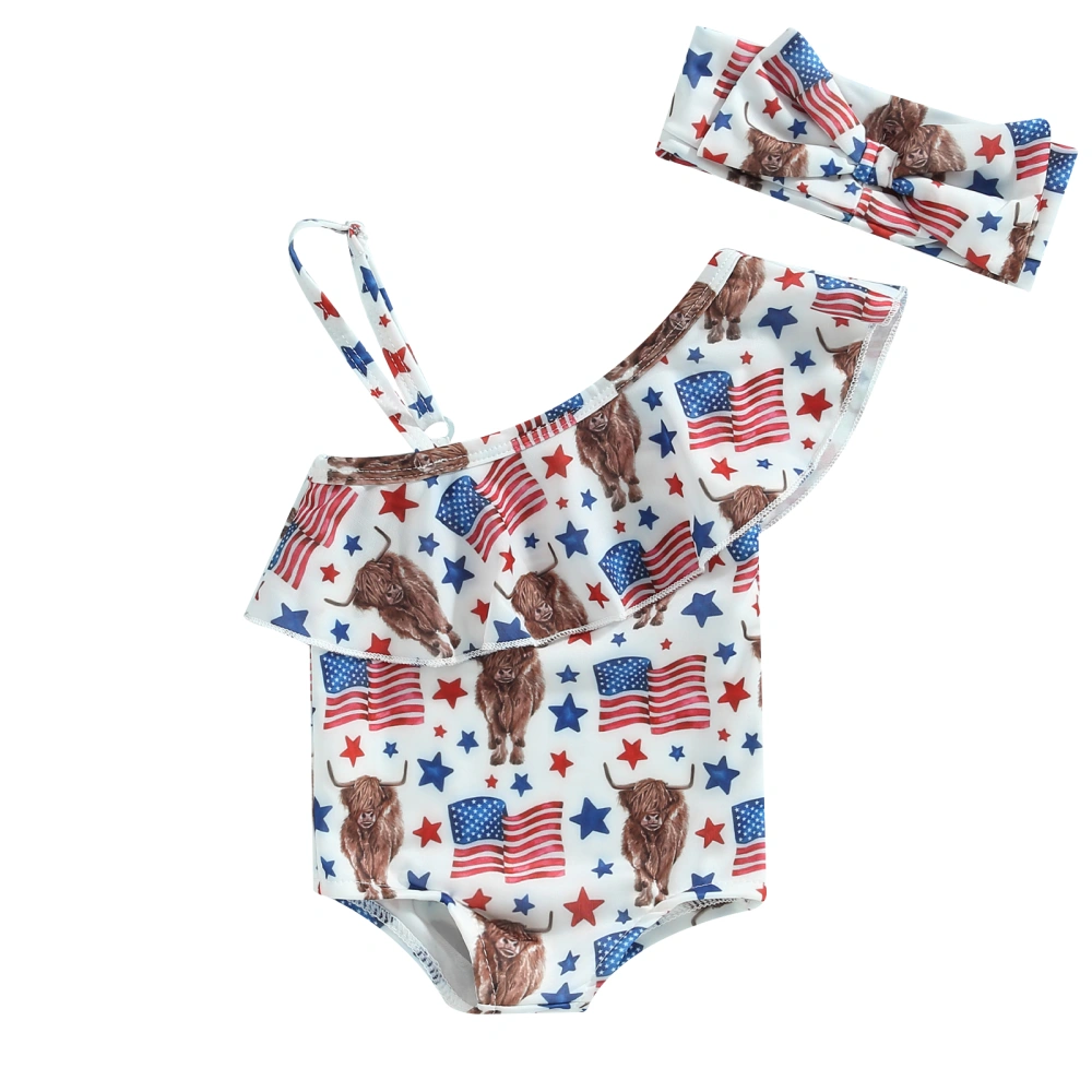 Baby Girl Swimsuits Summer Cow Head Print Romper and Headband