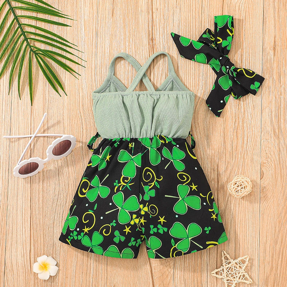 Baby Girls Summer Romper, Shamrock Print Button Down Strap Jumpsuit