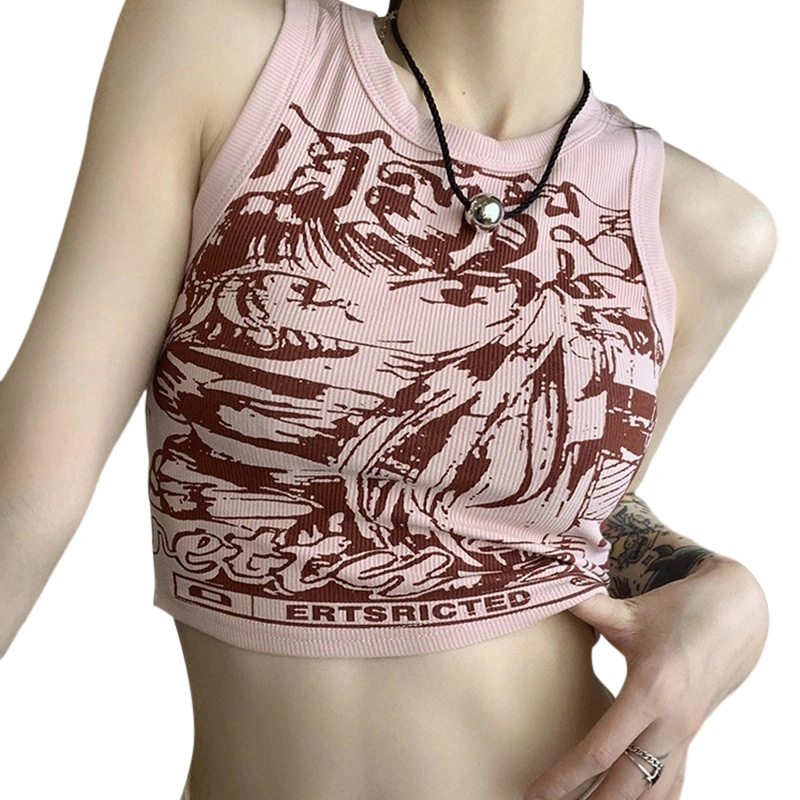 Women Crop Tank Tops Retro Comic Print Summer Sleeveless Shirt Tops 